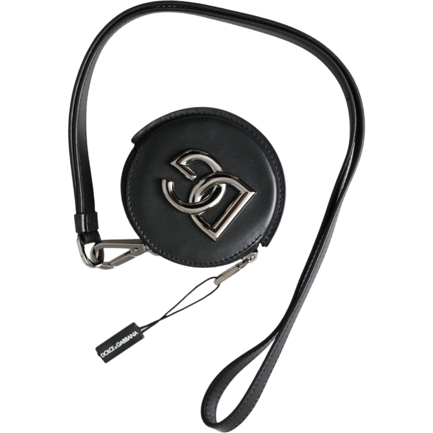 Dolce & Gabbana Black Round Leather DG Logo Coin Purse Lanyard Wallet Dolce & Gabbana Dark Slate Gray