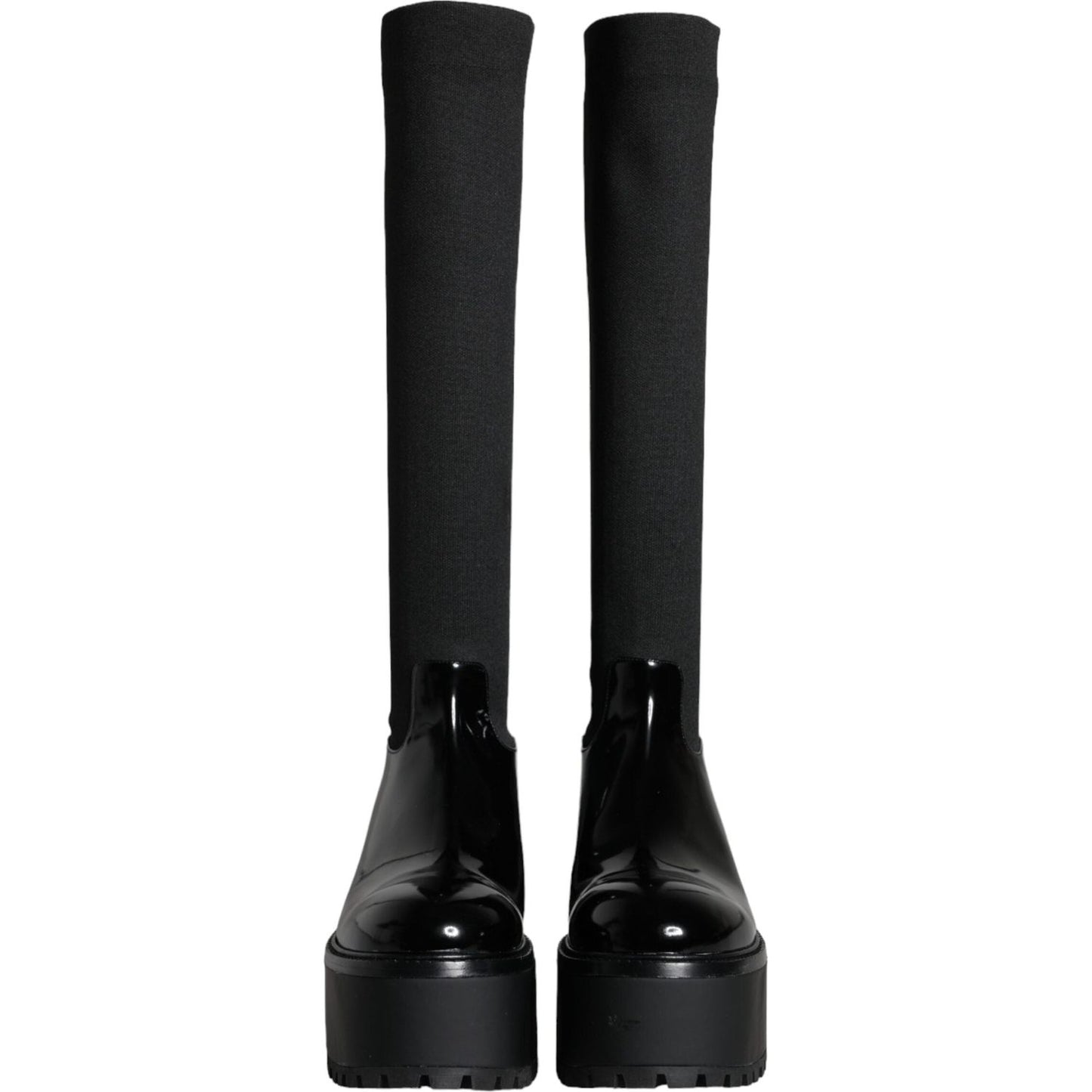 Dolce & Gabbana Black Leather Jersey Knee High Boots Shoes Dolce & Gabbana Black
