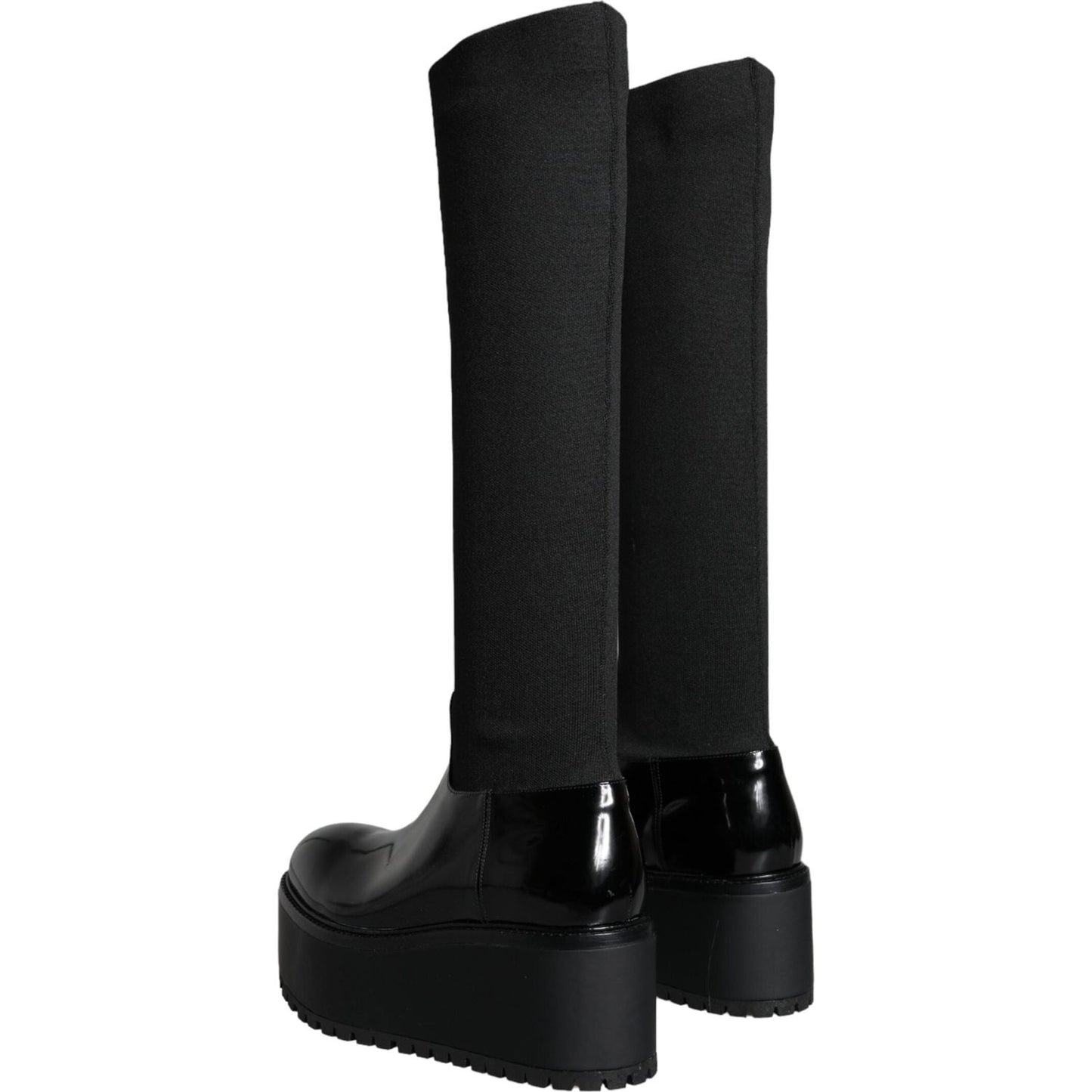 Dolce & Gabbana Black Leather Jersey Knee High Boots Shoes Dolce & Gabbana Black