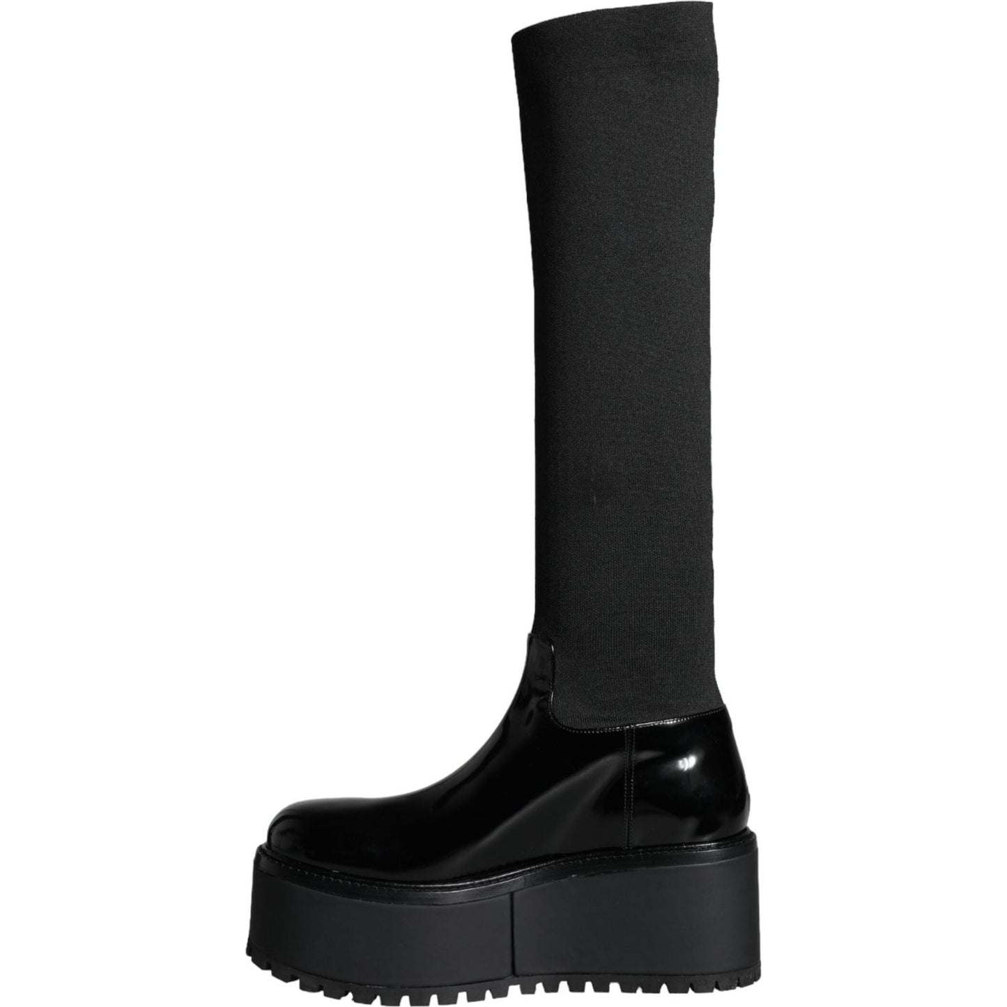 Dolce & Gabbana Black Leather Jersey Knee High Boots Shoes Dolce & Gabbana Black
