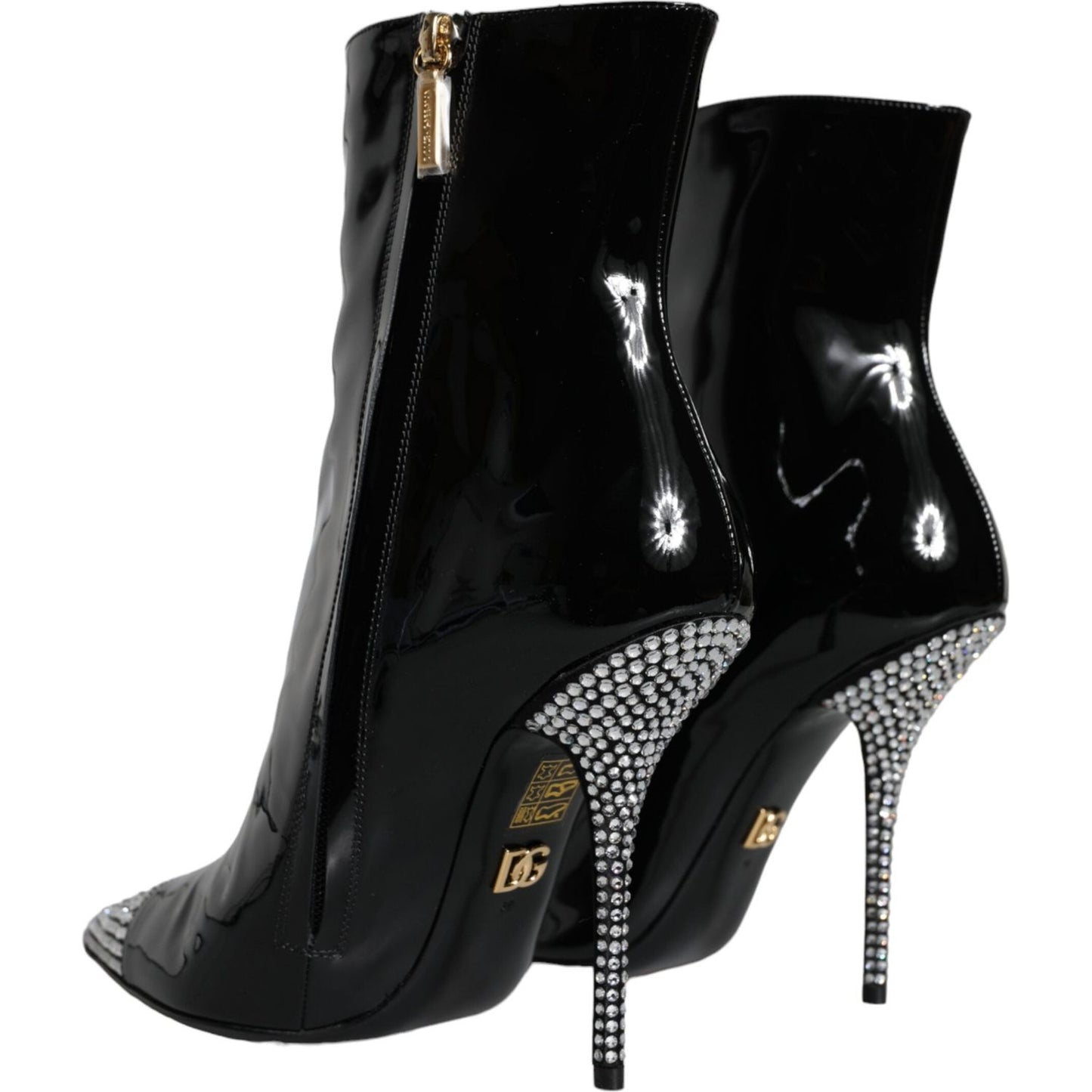 Dolce & Gabbana Black Patent Leather Crystal Heel Boots Shoes Dolce & Gabbana Black