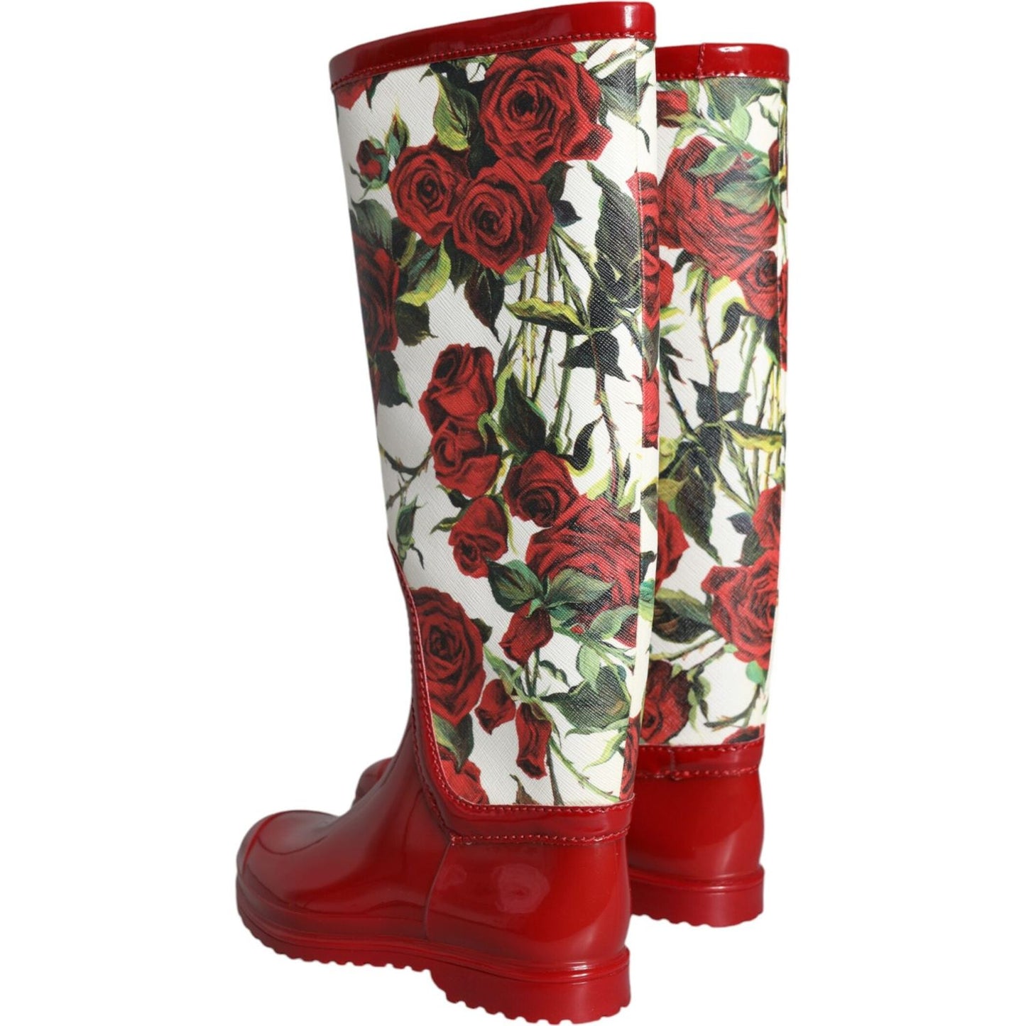 Dolce & Gabbana Red Floral Rubber Knee High Flat Boots Shoes Dolce & Gabbana Saddle Brown