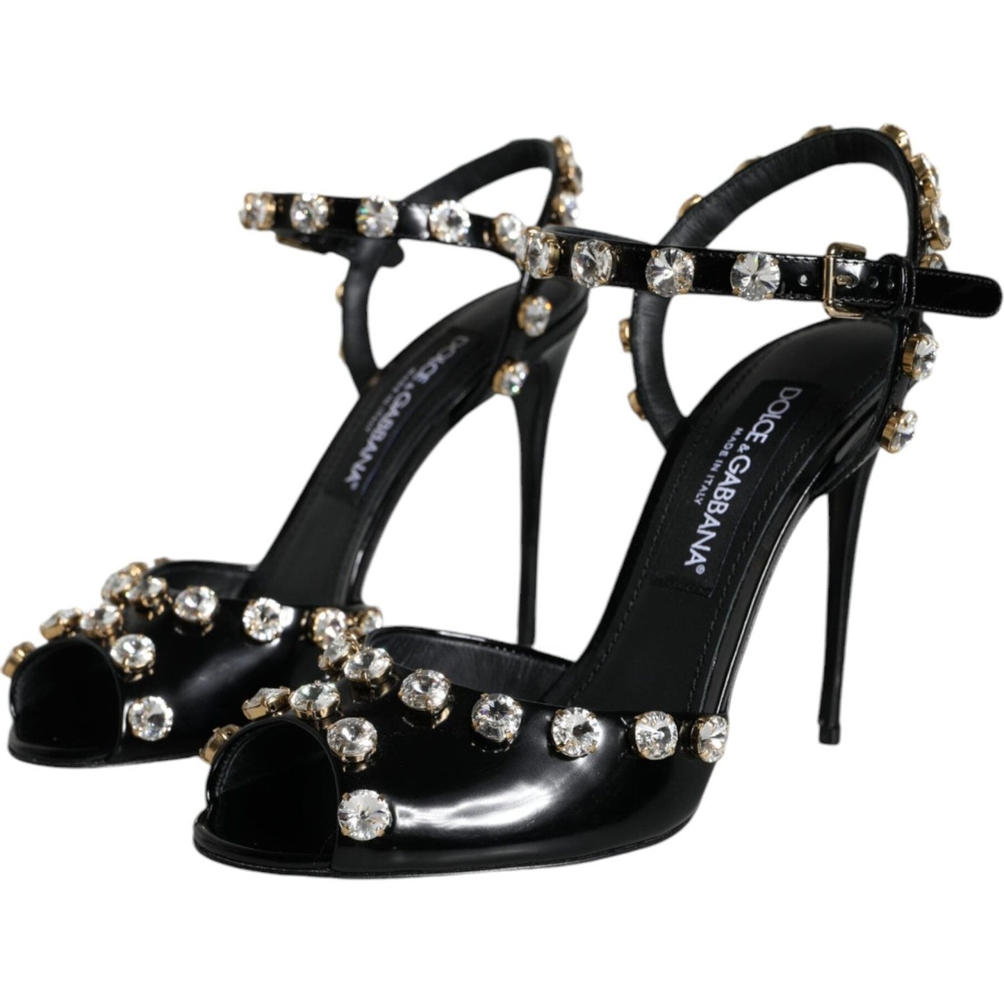 Dolce & Gabbana Black Leather Crystal Ankle Strap Sandals Shoes Dolce & Gabbana Black