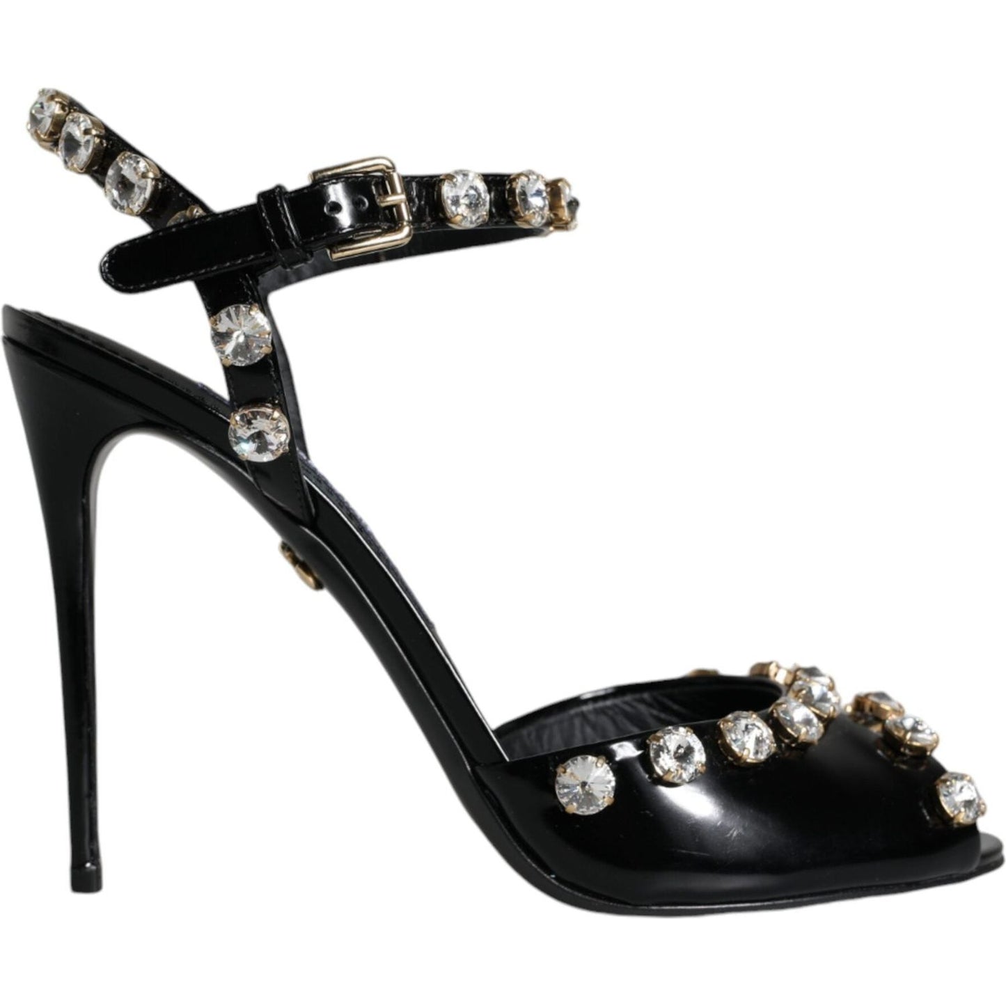 Dolce & Gabbana Black Leather Crystal Ankle Strap Sandals Shoes Dolce & Gabbana Black