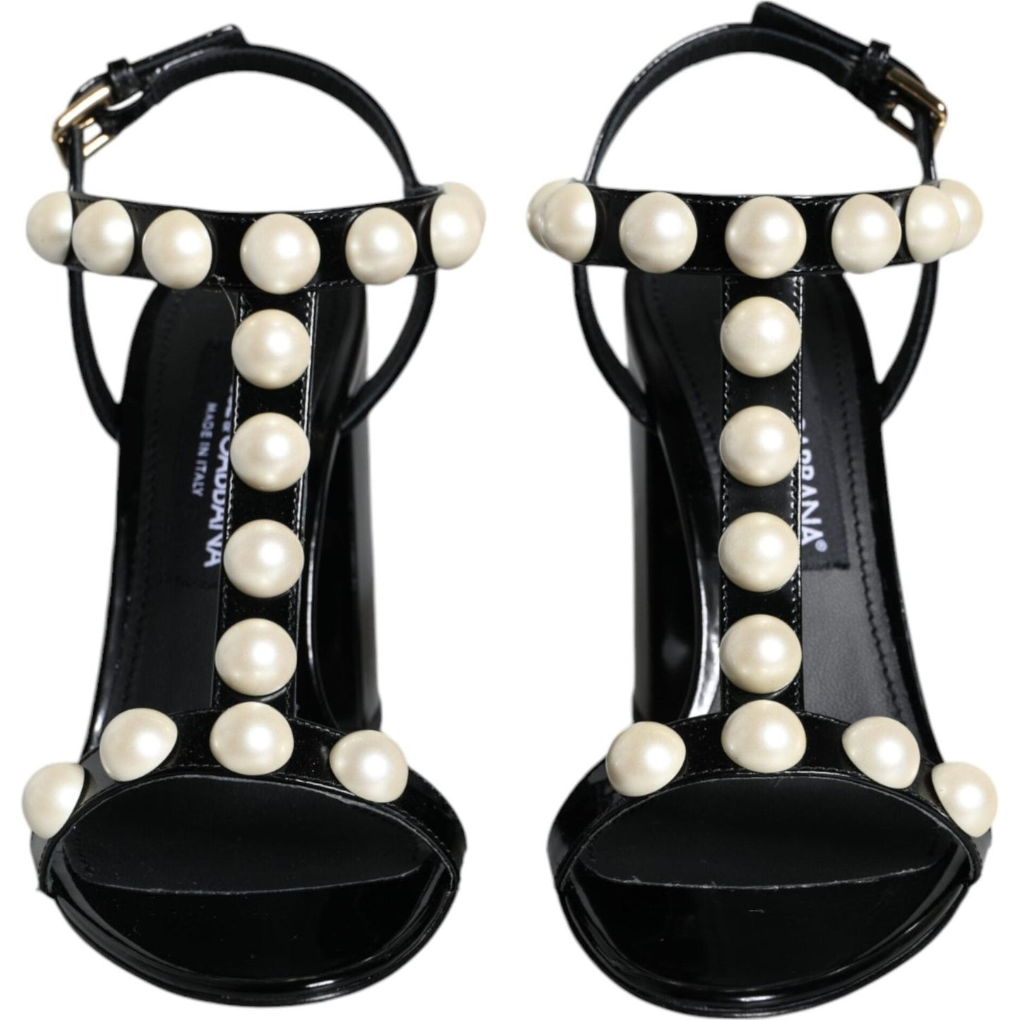 Dolce & Gabbana Black Leather Pearls T-strap Sandals Shoes Dolce & Gabbana Light Gray