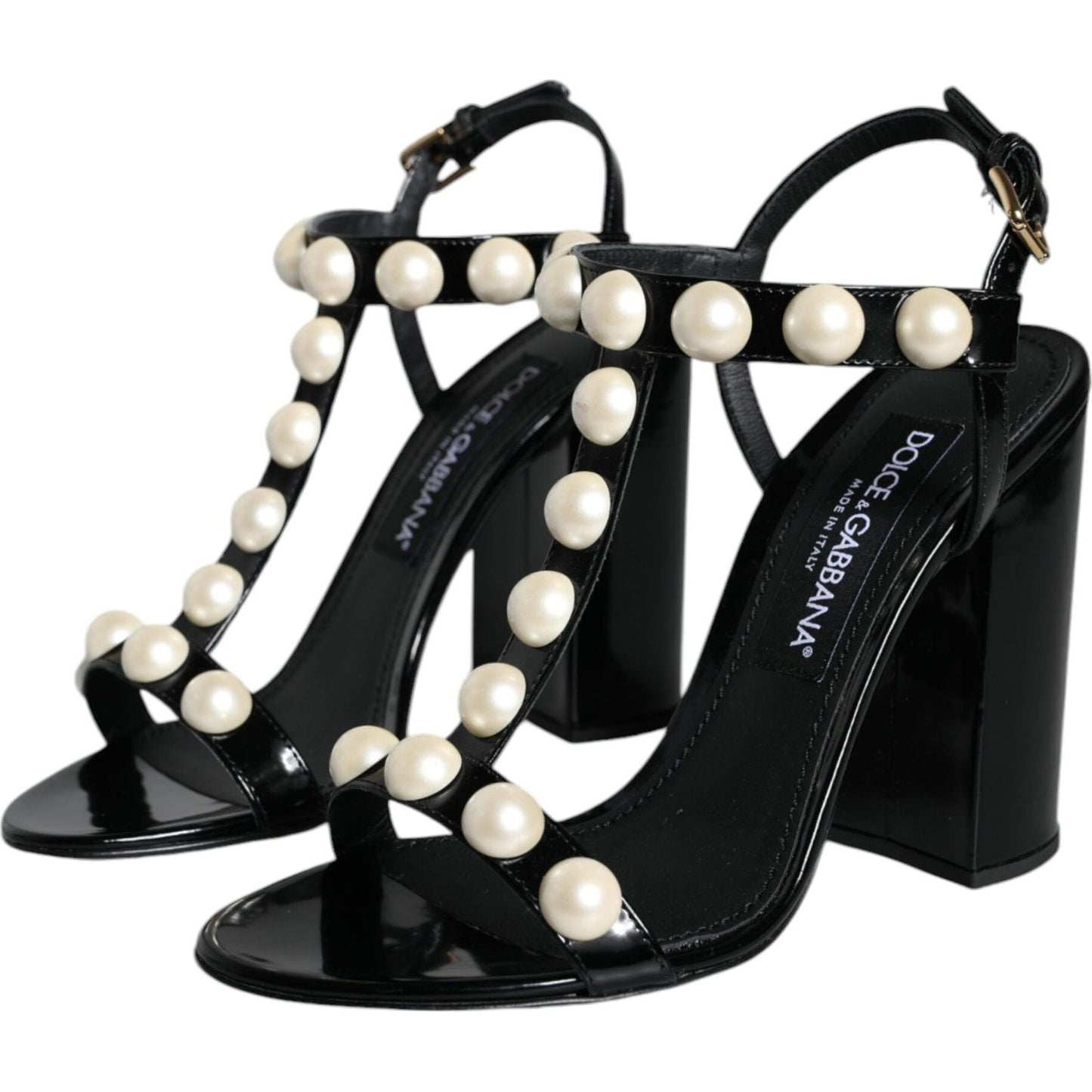 Dolce & Gabbana Black Leather Pearls T-strap Sandals Shoes Dolce & Gabbana Light Gray