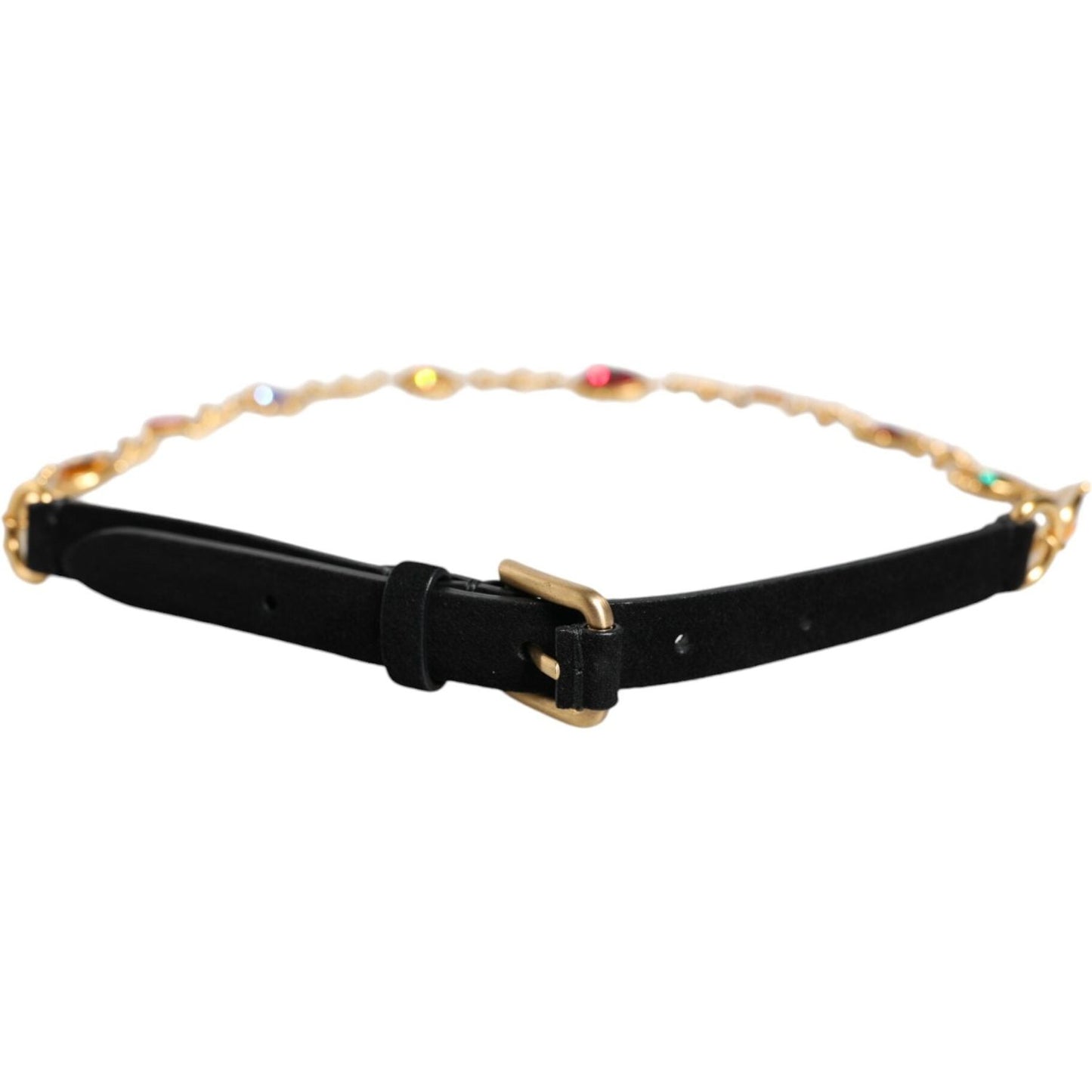 Dolce & Gabbana Black Leather Gold Brass Crystal Chain Waist Belt Dolce & Gabbana Black