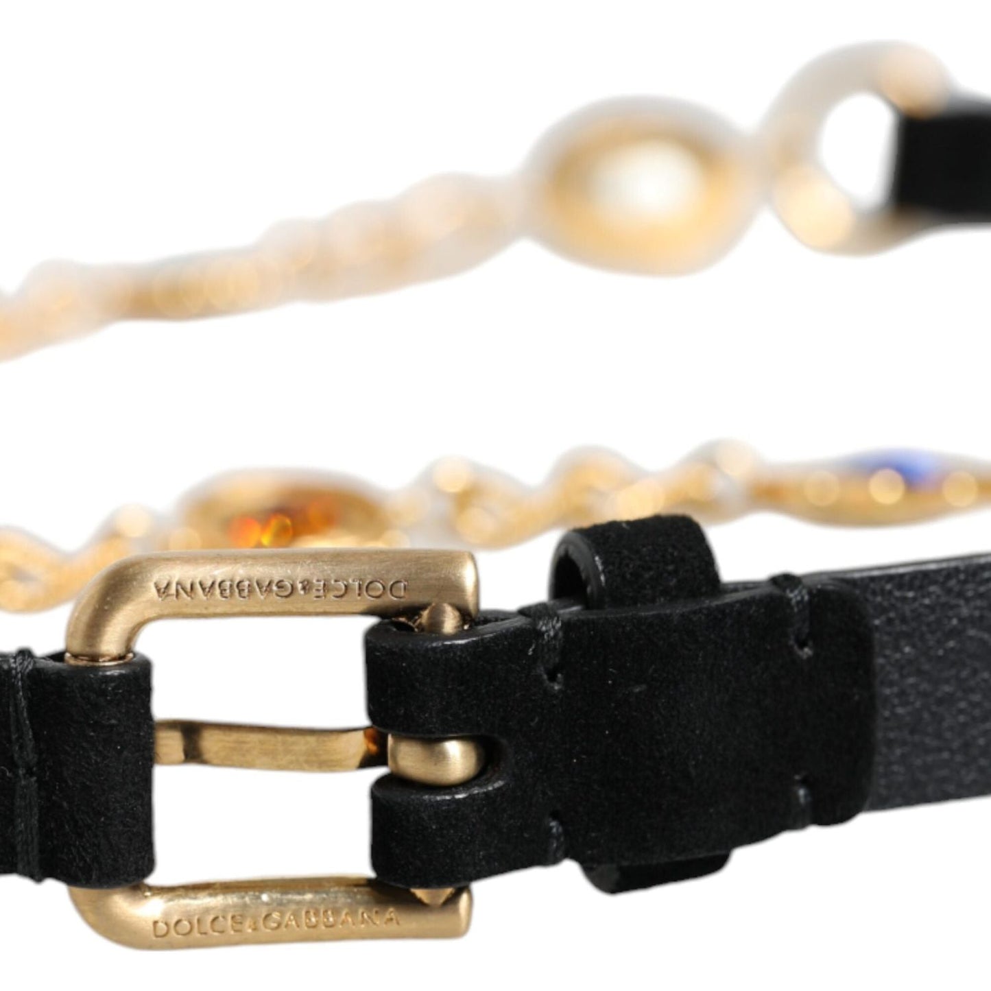 Dolce & Gabbana Black Leather Gold Brass Crystal Chain Waist Belt Dolce & Gabbana Black