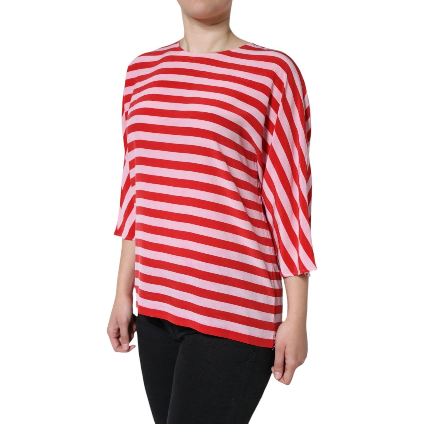 Dolce & Gabbana White Red Striped Silk Round Neck T-shirt Dolce & Gabbana Light Pink