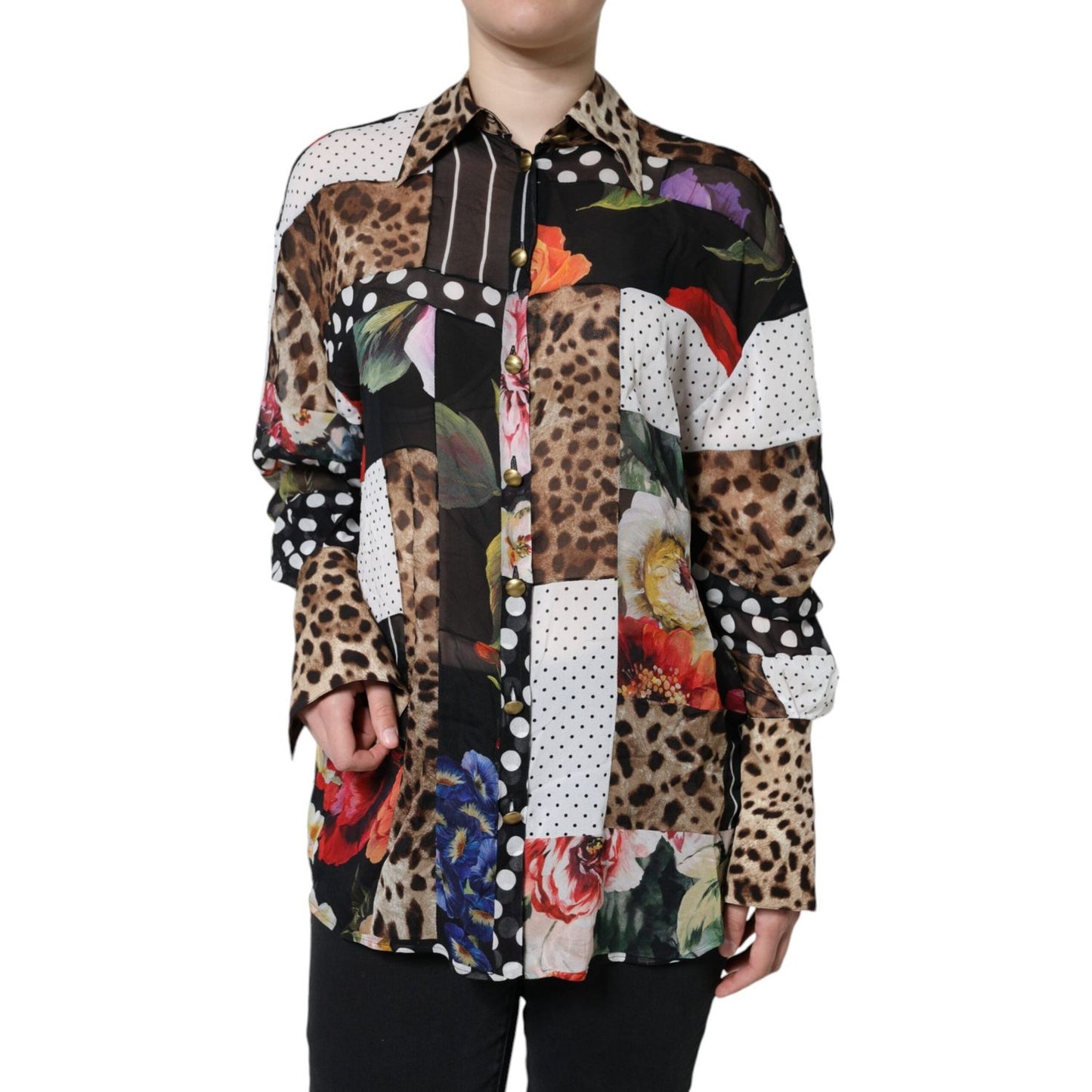 Dolce & Gabbana Multicolor Patchwork Silk Collared Blouse Top Dolce & Gabbana Gray