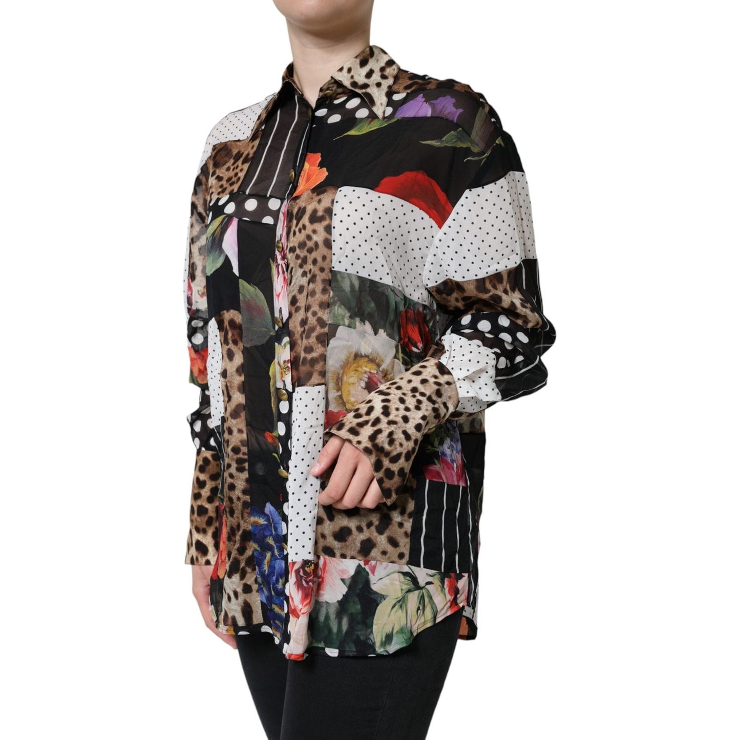 Dolce & Gabbana Multicolor Patchwork Silk Collared Blouse Top Dolce & Gabbana Gray