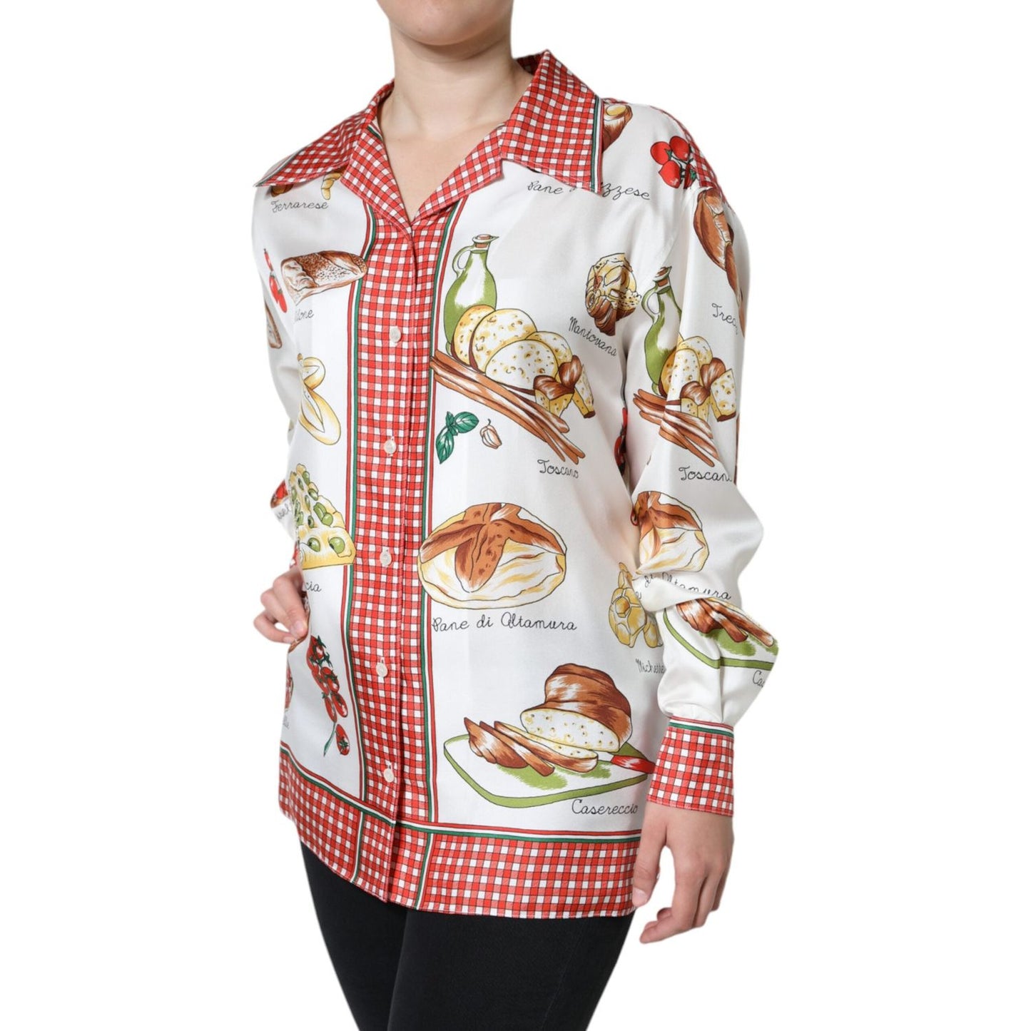 Dolce & Gabbana Multicolor Bread Print Collared Blouse Top Dolce & Gabbana Light Gray