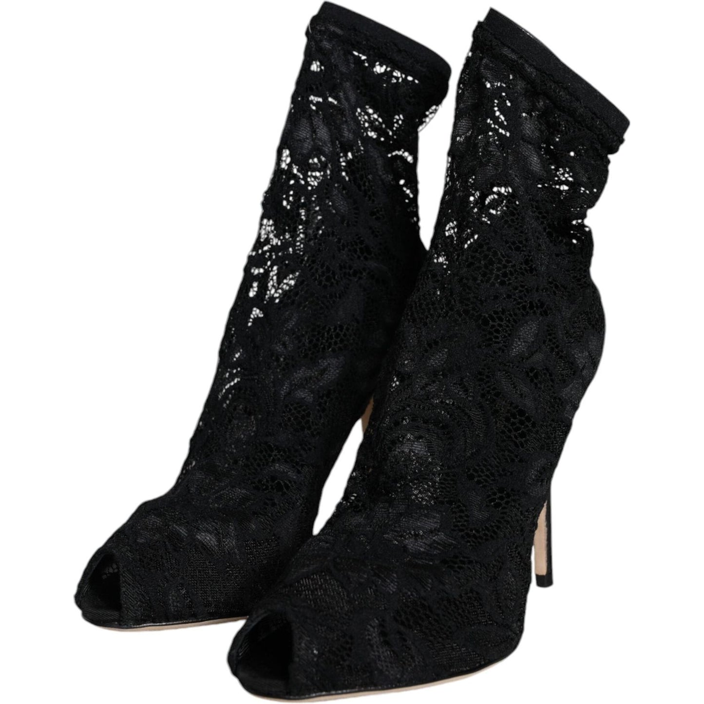 Dolce & Gabbana Black Lace Stretch Heels Mid Calf Boot Shoes Dolce & Gabbana Black