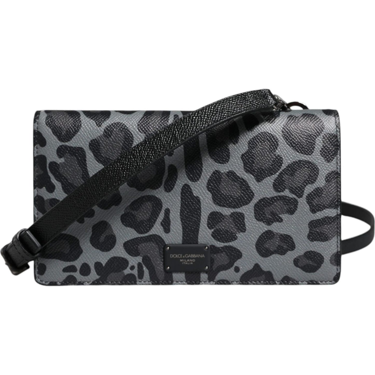 Dolce & Gabbana Black Gray Leopard Leather Bifold Card Slot Crossbody Bag Dolce & Gabbana Dark Slate Gray
