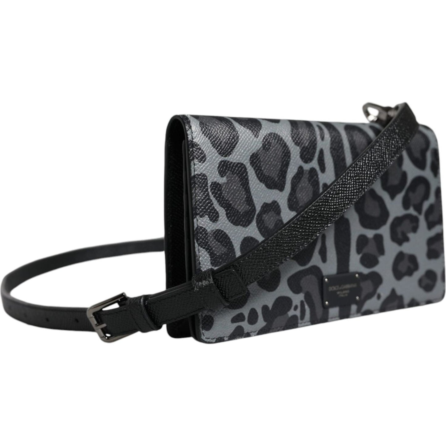 Dolce & Gabbana Black Gray Leopard Leather Bifold Card Slot Crossbody Bag Dolce & Gabbana Dark Slate Gray