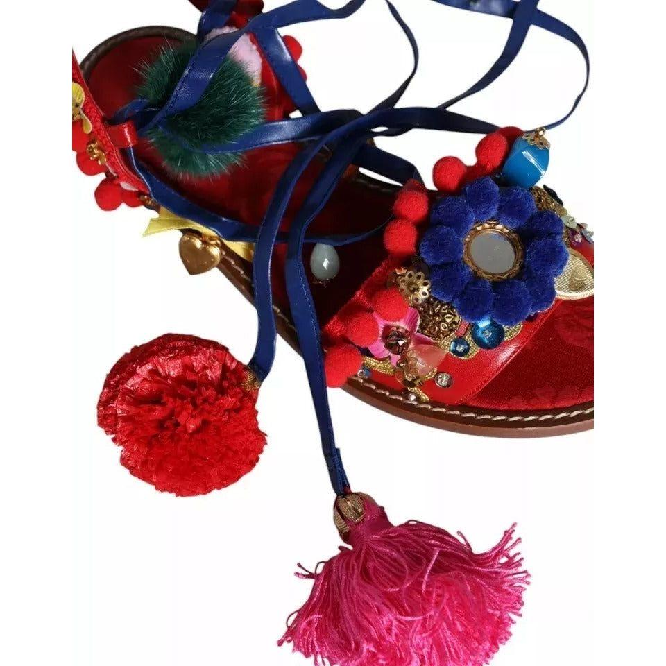 Dolce & Gabbana Multicolor Pom Pom Fur Wrap Sandals Shoes Dolce & Gabbana Dark Slate Gray
