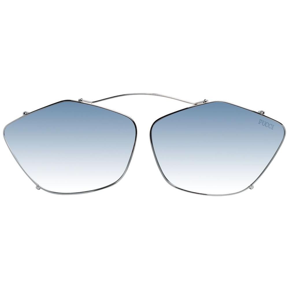 Emilio Pucci silver metal cat eye sunglasses with blue mirrored lenses, 100% UV protection, full-rim style for women.