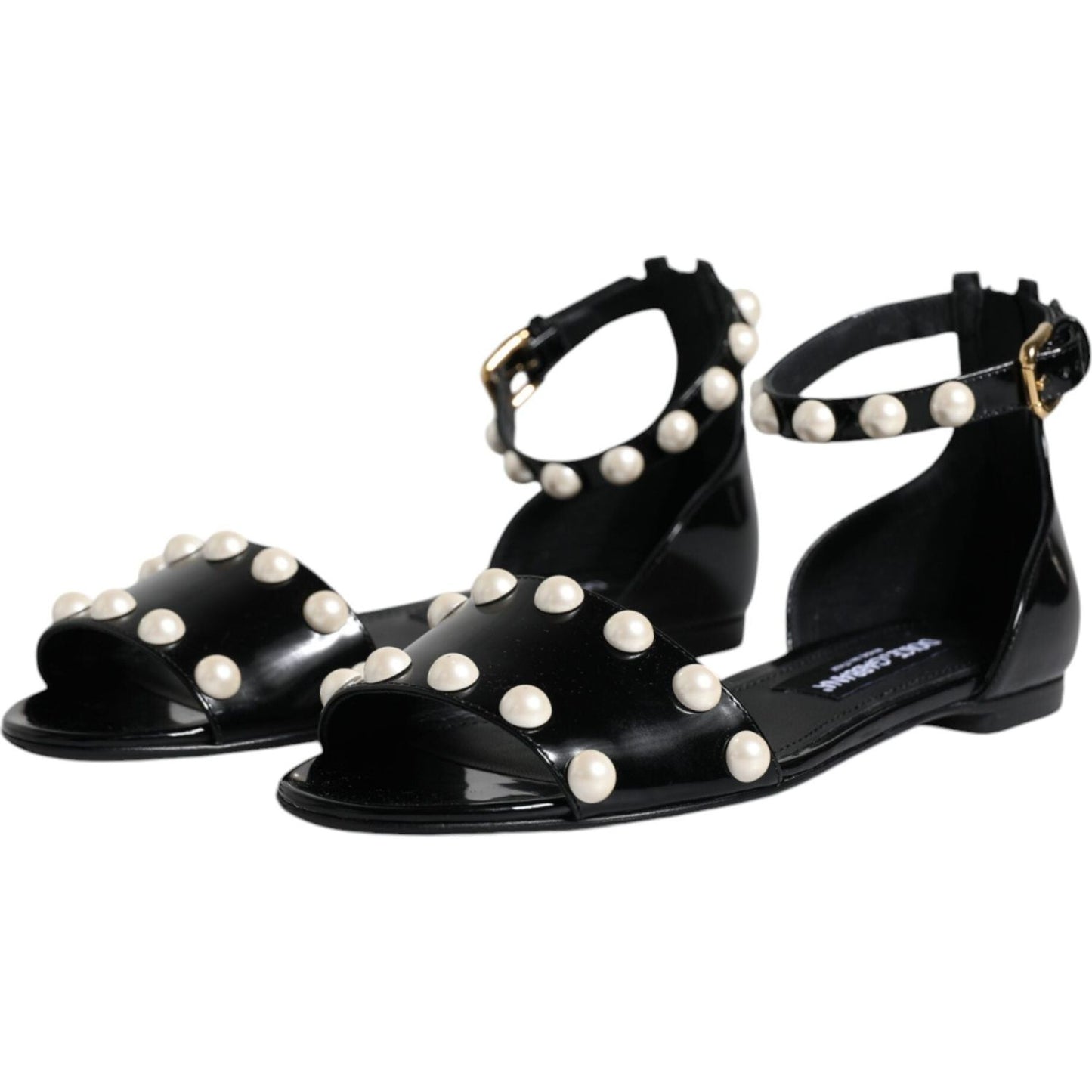 Dolce & Gabbana Black Leather Pearls Ankle Strap Sandals Shoes Dolce & Gabbana Light Gray