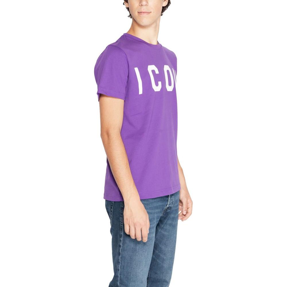 Man wearing Icon Purple Cotton T-Shirt with 'ICON' front print and short sleeves, comfortable fit, side view.