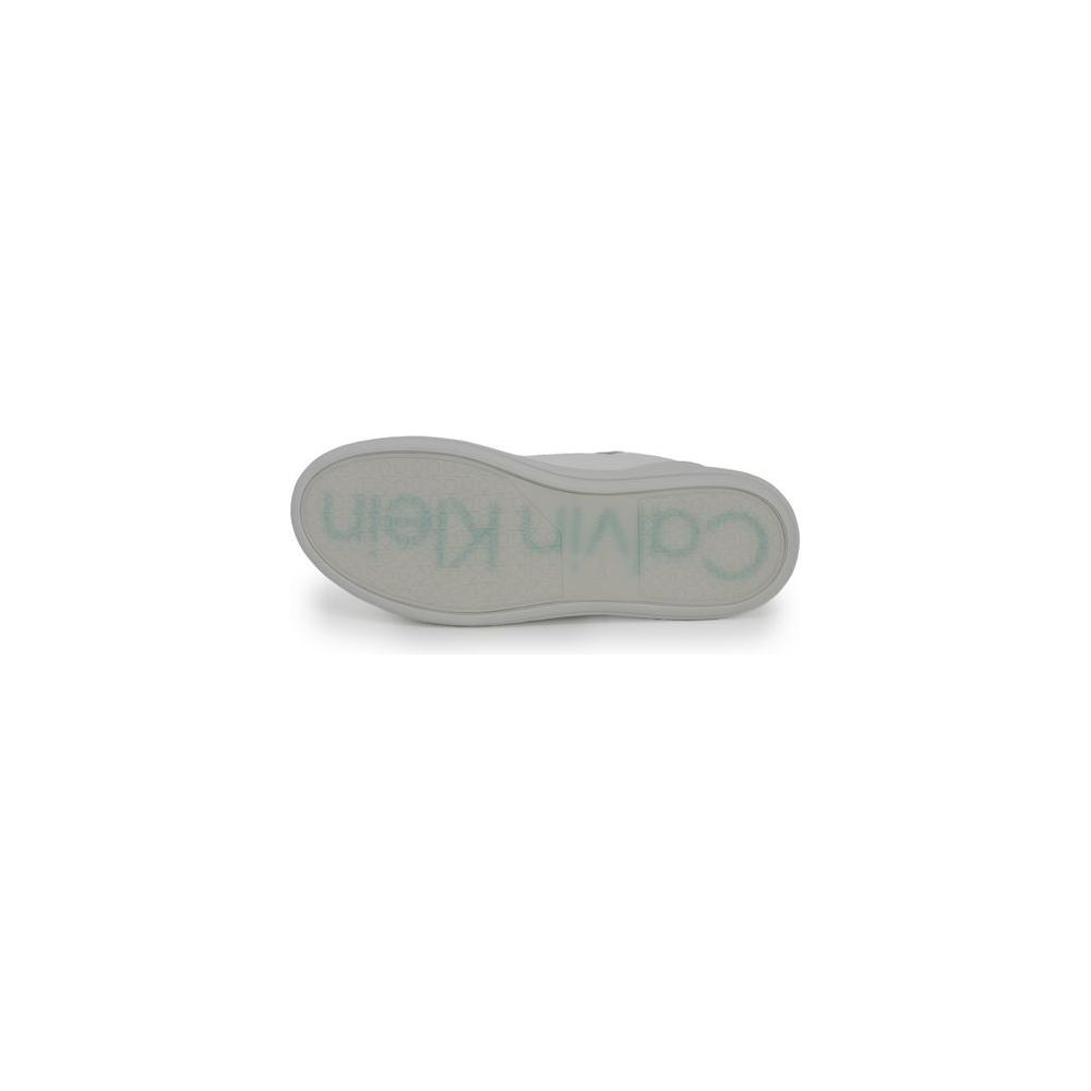 Calvin Klein gray leather sneaker sole view showcasing logo and design