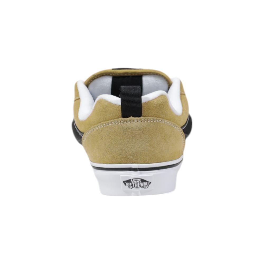 Rear view of Vans Knu Skool VN0009QC5QJ1 brown leather sneaker with white rubber sole and classic logo.