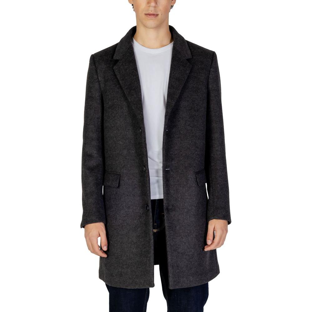 Men's Antony Morato gray polyester jacket for fall/winter, front view, modeled. Stylish coat with 86% polyester, 14% viscose composition.