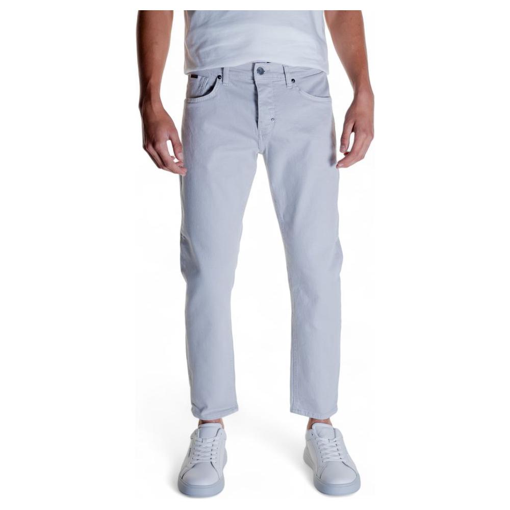 Model wearing Antony Morato gray cotton jeans with elastam, part of men's collection.