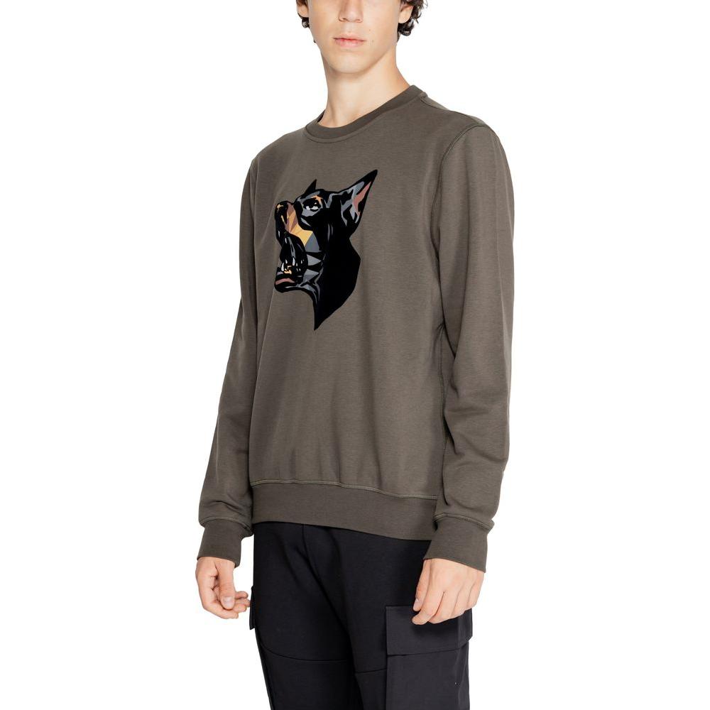 Men’s Antony Morato green cotton sweater with dog graphic print, ideal for fall/winter. Made of 67% cotton, 19% polyester, 14% elastomultiester.