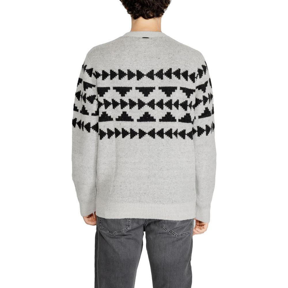 Back view of Antony Morato gray knitted sweater for men with geometric black pattern, fall/winter collection.