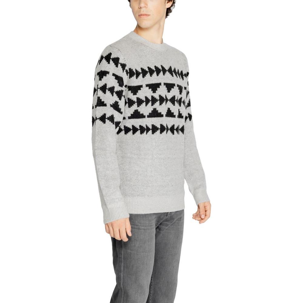 Antony Morato gray acrylic sweater, men's fall/winter knitwear with geometric black patterns, blend of acrylic, wool, mohair, elastane.