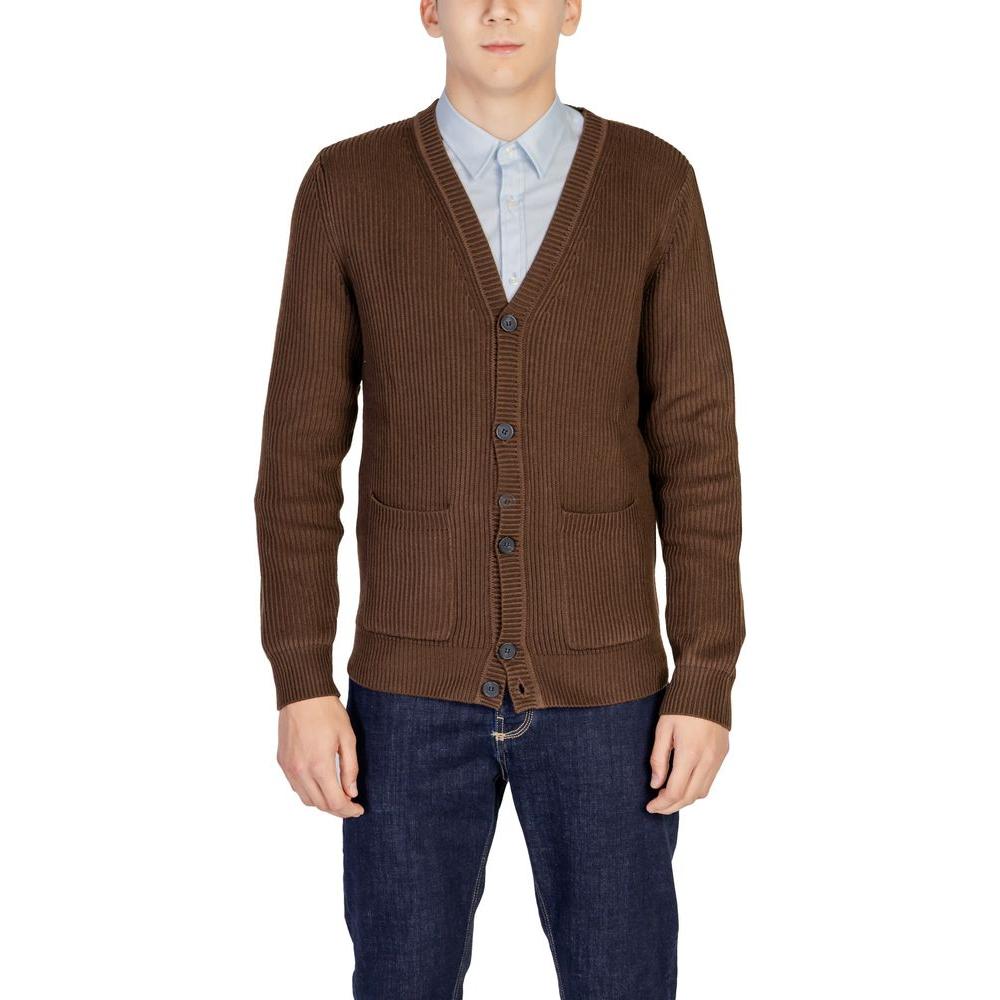 Antony Morato brown polyester cardigan, men's fall/winter knitwear, crafted from 54% polyester, featuring button closure and pockets.