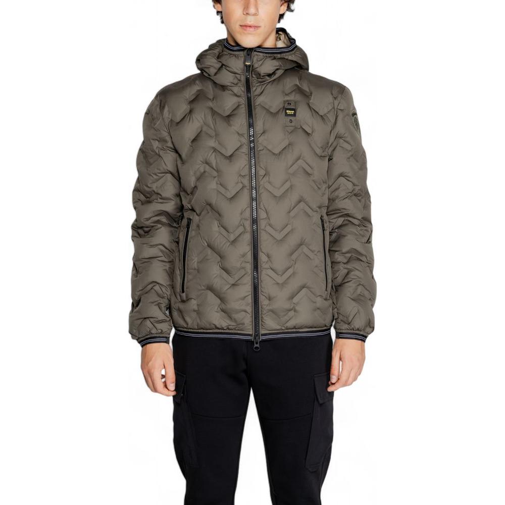 Blauer green polyethylene jacket for men, fall/winter collection, 100% polyurethane, front view with hood, modern quilted design