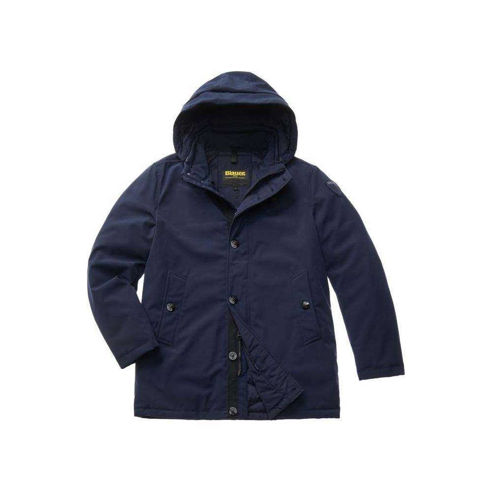 Blauer blue polyethylene men's jacket for fall/winter, made of 68% polyurethane, 31% polyamide, and 1% elastane.