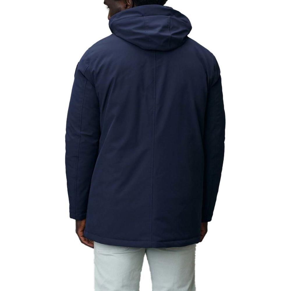 Back view of men's Blauer blue polyethylene jacket from fall/winter collection, made of polyurethane, polyamide, elastane.