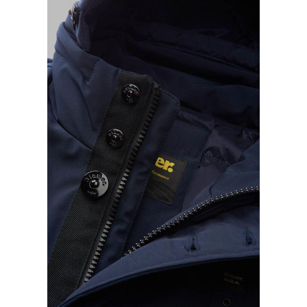 Close-up of Blauer blue polyethylene jacket showcasing button details and inner lining. Ideal for men's fall/winter fashion.