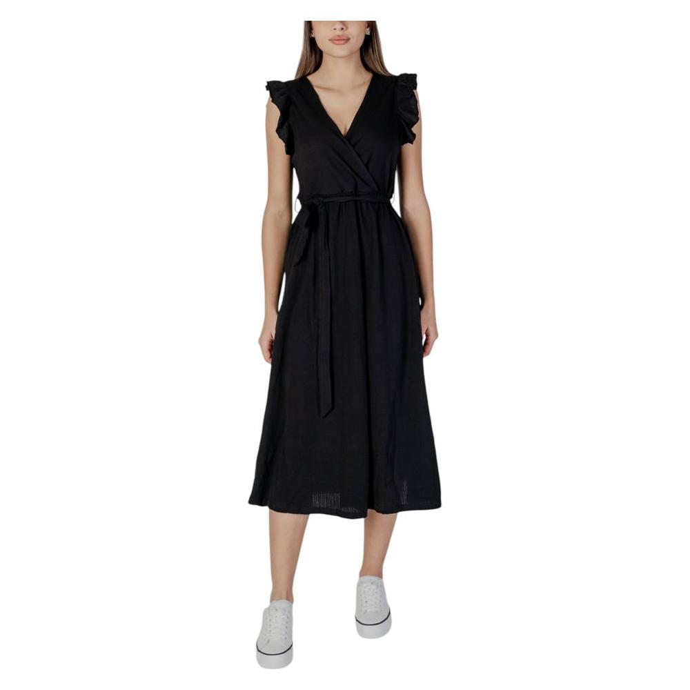 B.Young black cotton spring/summer dress for women, featuring a V-neck and ruffled sleeves.