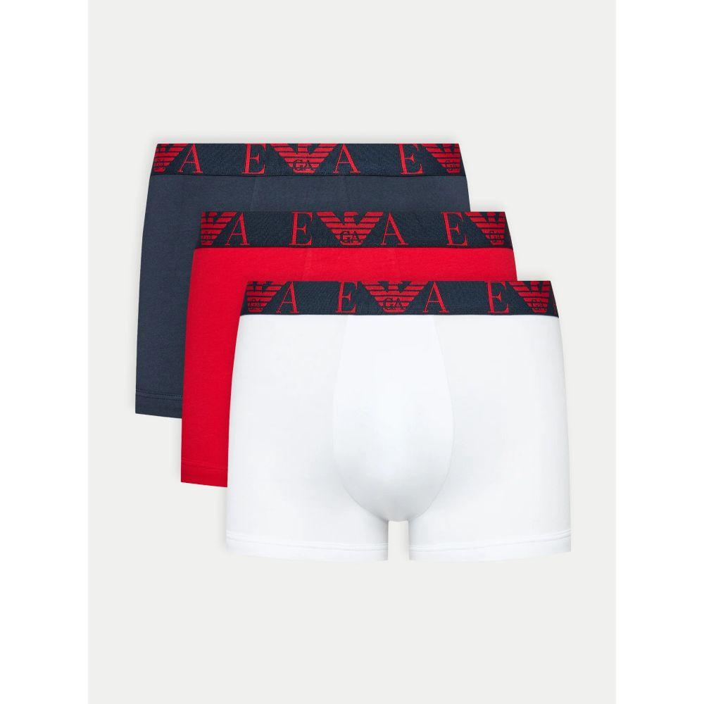 Emporio Armani Underwear 3-Pack Cotton Boxer Trunks in red, white, and black with logo waistband.