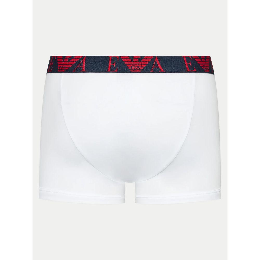 Emporio Armani white boxer shorts with red logo waistband, made of soft 100% cotton for comfort and style.