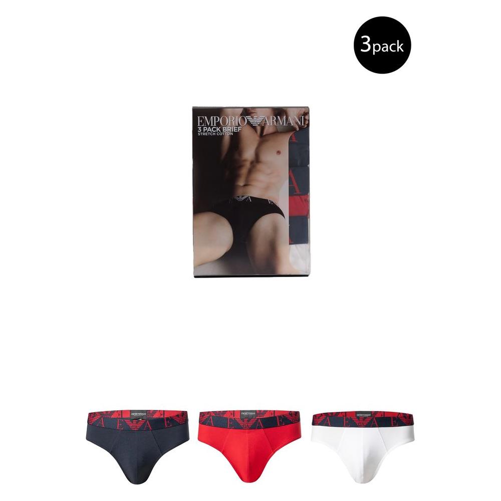 Emporio Armani 3-pack men's briefs in black, red, and white with branded waistband in packaging.