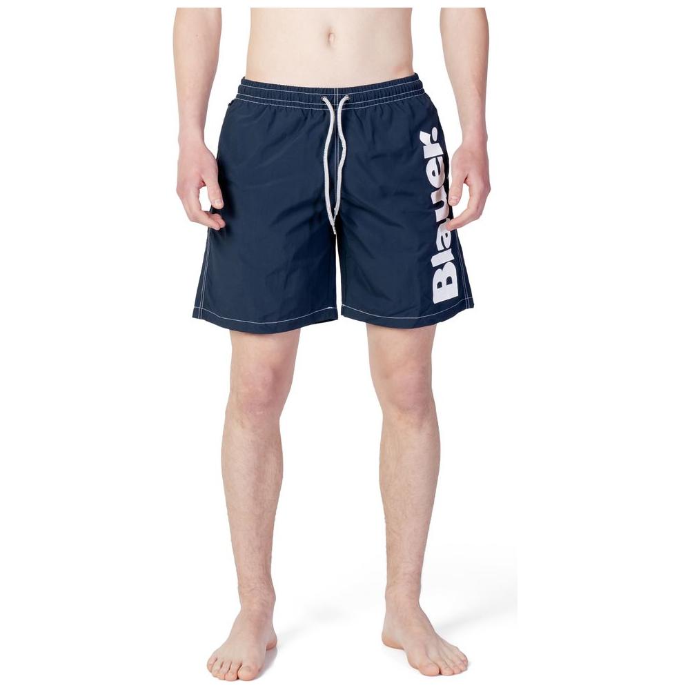 Blauer men's blue polyester swimwear, spring-summer collection, featuring logo and drawstring, ideal for beachwear.