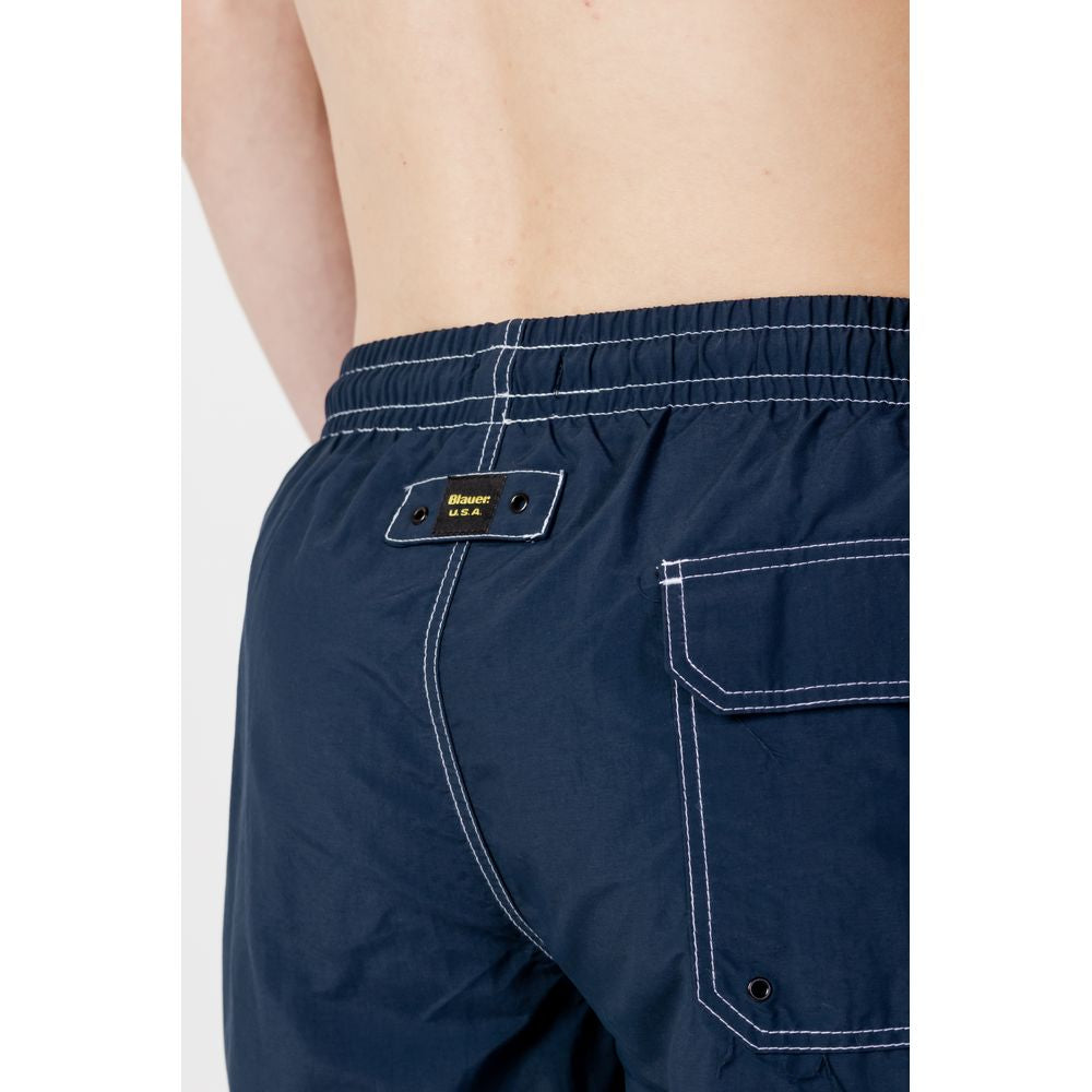 Back view of Blauer Men's Blue Polyester Swimwear, featuring elastic waistband and pocket detail. Ideal for spring/summer collection.