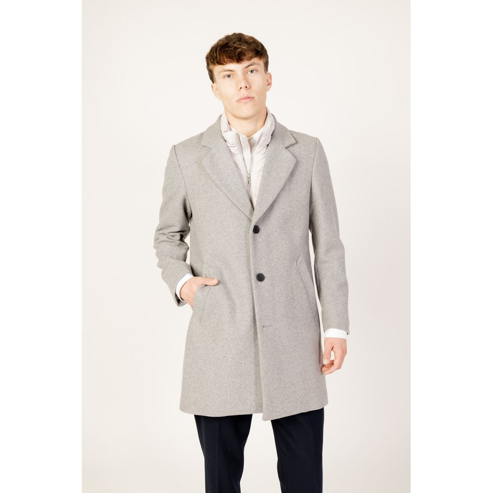 Model wearing Antony Morato gray polyester jacket, autumn/winter collection, stylish men's coat with button closure.