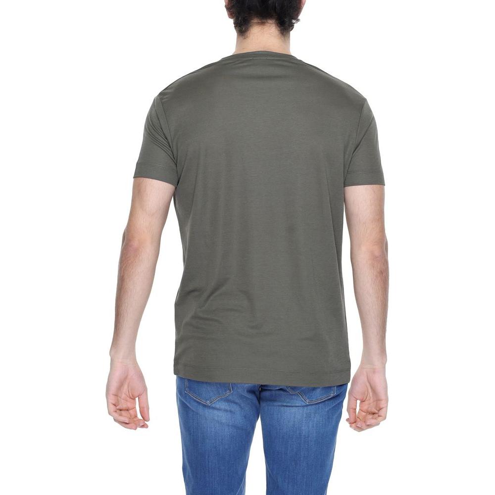 Back view of Alviero Martini Prima Classe green viscose men's T-shirt, part of the spring/summer collection, composed of 50% viscose and 50% polyester.