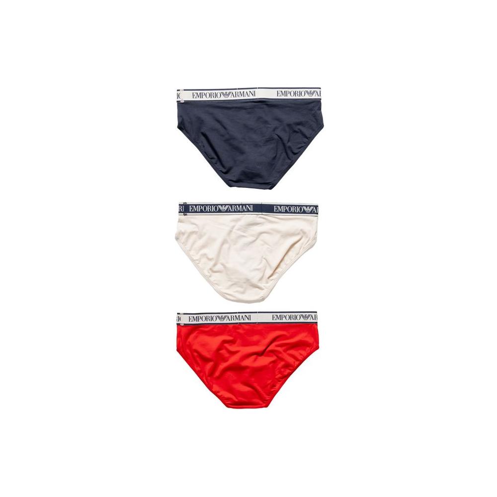 Emporio Armani men's underwear set in navy, beige, and red with signature waistband for comfort and style