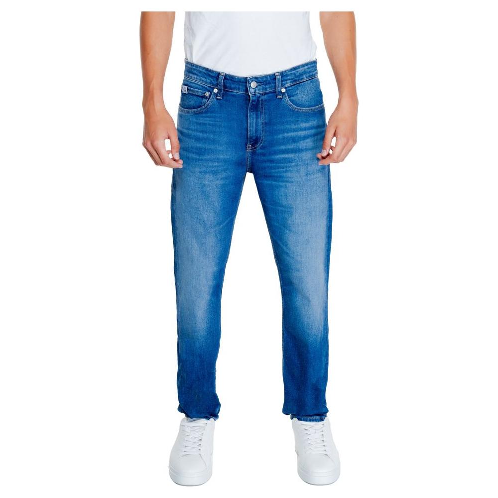 Calvin Klein blue jeans for men, made with recycled cotton and spandex, featuring fall/winter collection style.