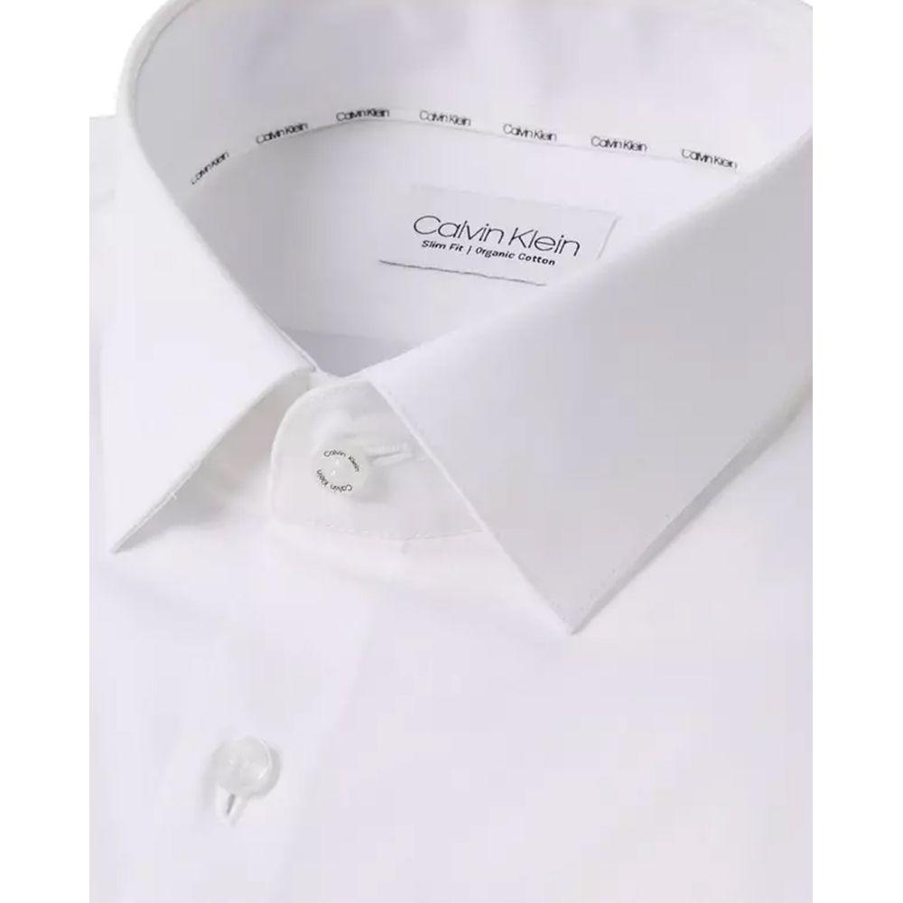 Calvin Klein white cotton long-sleeve shirt, slim fit, featuring stretch poplin fabric for men.