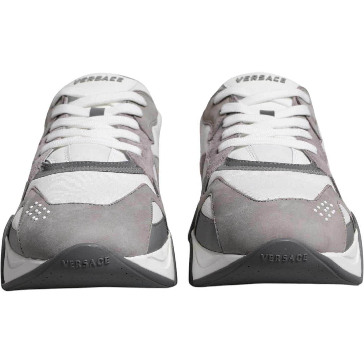 Versace grey leather Neoprene Squalo sneakers with rubber sole, lace-up closure, and logo details, made in Italy, front view.