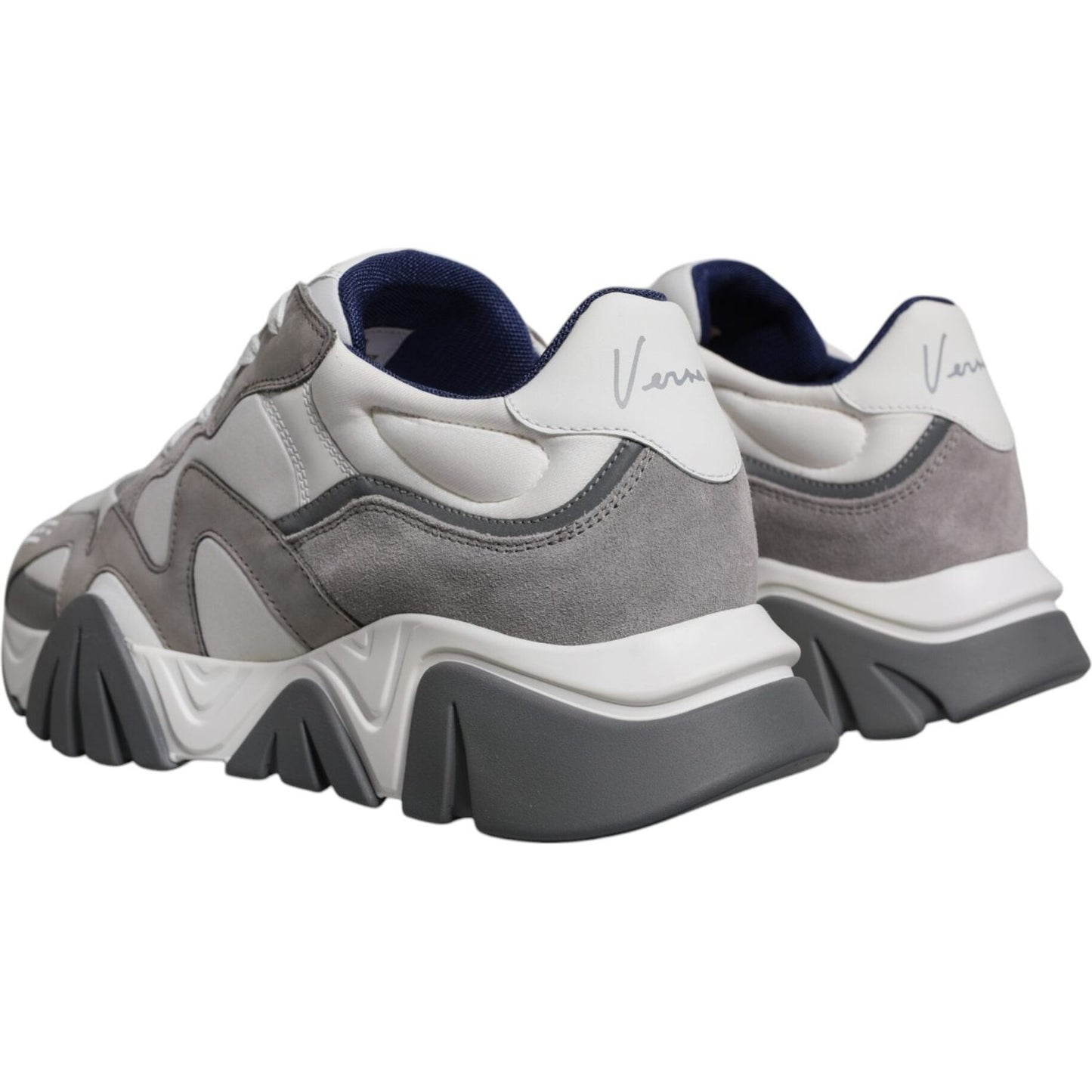 Versace Squalo grey leather neoprene chunky low-top sneakers with rubber sole, lace-up closure, and logo details, made in Italy.