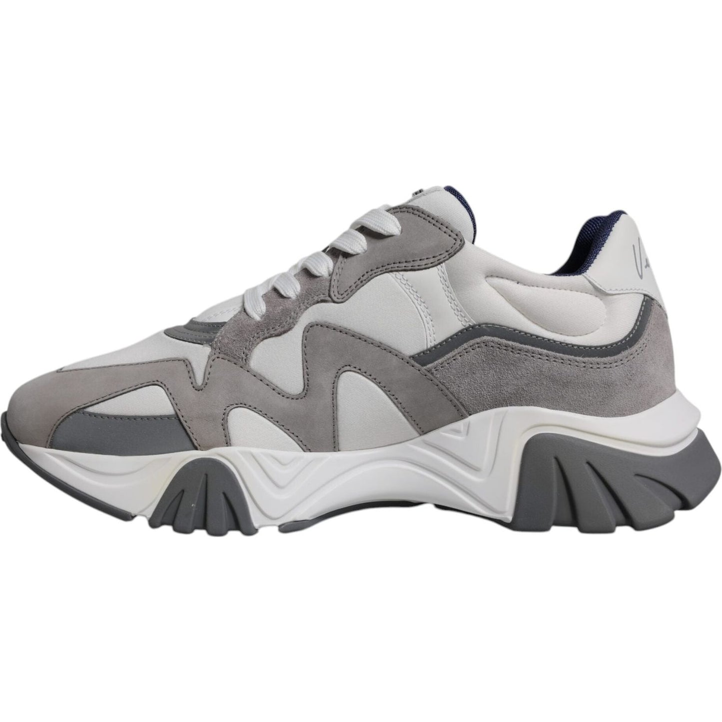 Versace grey leather neoprene chunky low-top Squalo sneakers with lace-up closure and rubber sole, featuring logo details. Made in Italy.