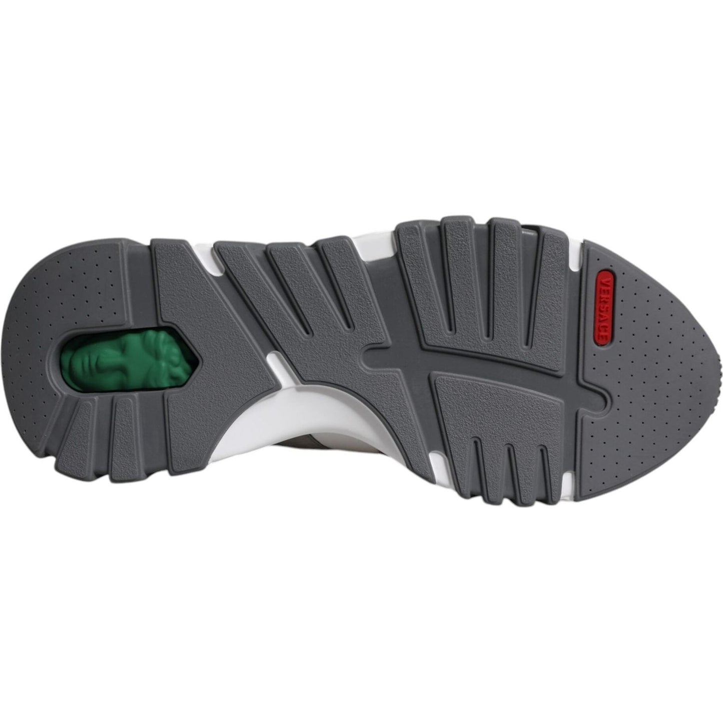 Versace Squalo sneakers outsole detail showing distinctive tread and logo, grey rubber material, enhances grip and durability.